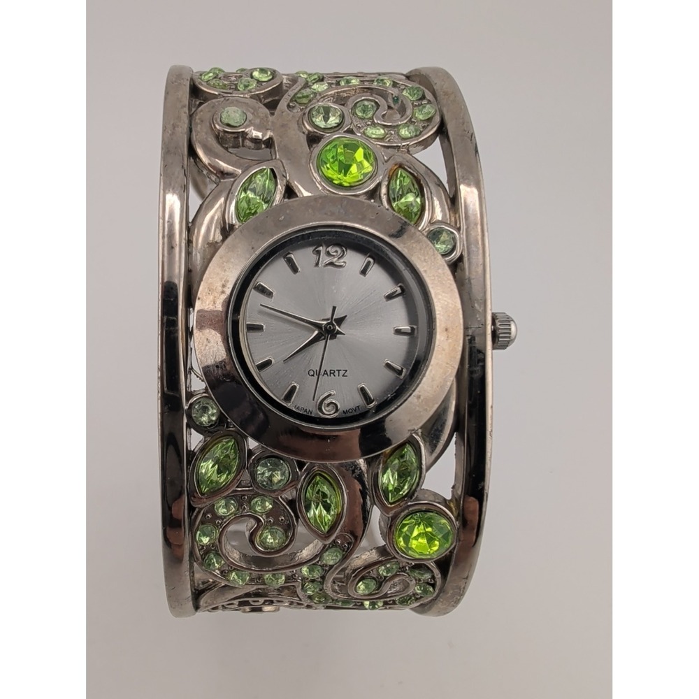 Women's Quartz Watch Silver Bangle Band 41mm Case Green Gems- New Battery